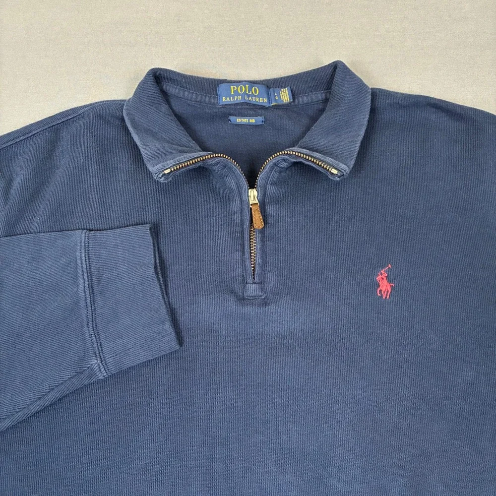 Polo Ralph Lauren Estate Rib Navy Blue Quarter Zip Sweater Men's Large Red Pony